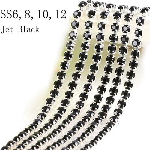 SS6,8,10,12 10m Different Size jet rhinestone cup chain with silver setting crystal for hair clip clothes shoes decoration
