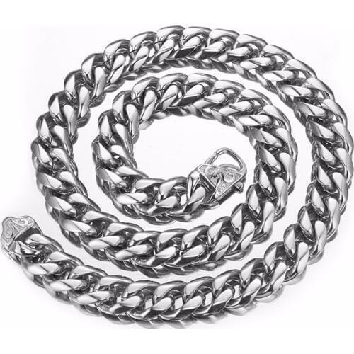 Trendy 15mm Wide Silver Color Top Quality Stainless Steel Men Curb Cuban Link Chain Necklace Fashion Men Boy Jewelry Gifts