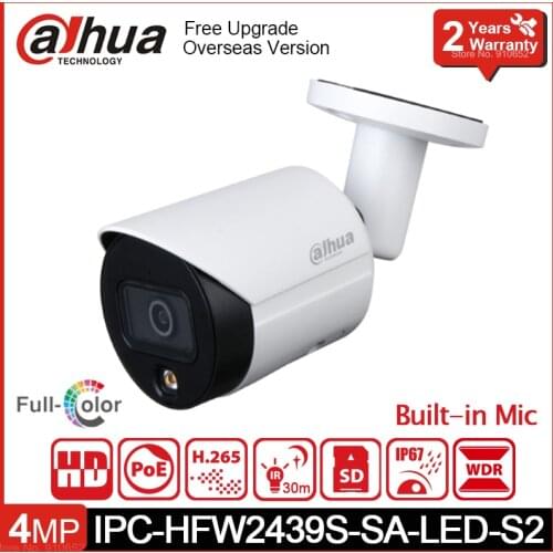 New Dahua IPC-HFW2439S-SA-LED-S2 4MP Full-color Fixed-focal Bullet Network Camera POE Built-in Mic SD Card Slot Outdoor Web Cam