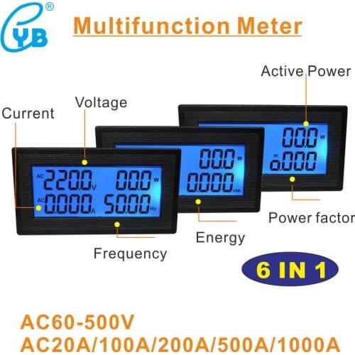 YB5140DM AC 20A 100A 200A Volt Amp Panel Meter LCD Digital Voltmeter Ammeter Voltage Current Mete Frequency Energy AC60-500V