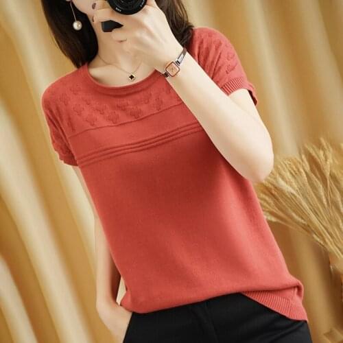 T-shirt women 2021 summer new cotton knitwear casual solid color sweater short-sleeved round neck pullover blouse plus size tees