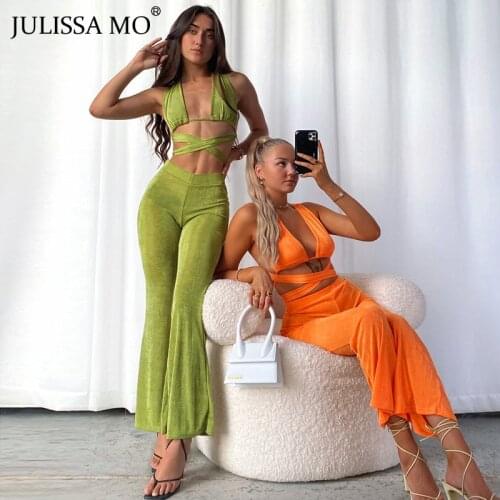 JULISSA MO Bandage Backless Two Piece Sets for Women Sexy Off Shoulder Hollow Out Tops Long Pants Ladies Elegant Partywear Sets