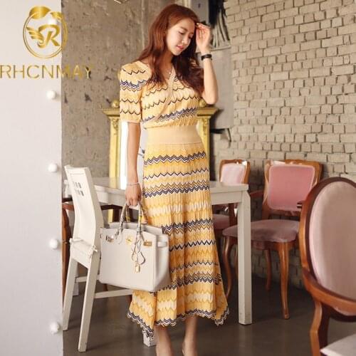 2021 Summer Knitted 2 Pieces Set Women Sexy V-Neck Vintage Wave Striped Pullover Sweater + Midi Pleated Skirt Sweater Suits Set