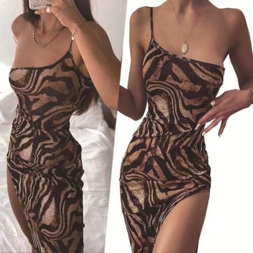 Tiger Print One-shoulder High Split Maxi Dress Women 2021 Sexy Backless Nightclub Long Dress Elegant Summer Partywear