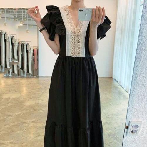 2021 Korean Womens Dress V Neck Butterfly Sleeve High Waist Ruched Patchwork Lace Maxi Dresses Female Summer Elegant Clothes