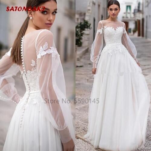 Modest Long Sleeves Boho Wedding Dress Sheer Jewel Neck Lace Appliques Button Back A Line Bridal Gown Vestido De Novia Undefined