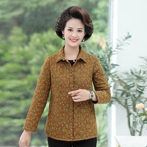 Winter Floral quilted Thin Jacket Parkas middle aged women cotton-padded short Outwear tops mother Basic coat