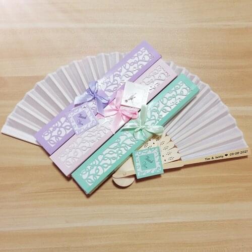 30pcs / Lot Personalized Engraved / Print Name and Date Silk Hand Fold Fan Vintage Fans Customized Wedding Favor Gift box
