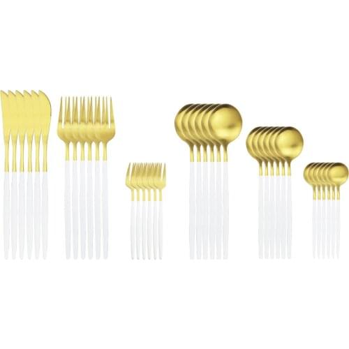 36pcs Stainless Steel Cutlery Tableware White Gold Matte Dinner Fork Knives Spoons Dinnerware Cutlery Set Suitable for Kitchen