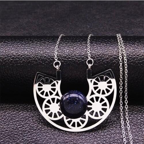 Flower Blue Sandstone Stainless Steel Chain Necklaces Women Silver Color Necklaces Bohemia Jewelry cadenas mujer