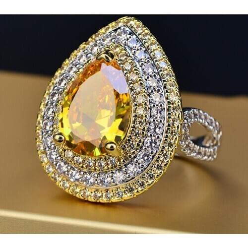 Luxury Real 925 Sterling Silver Water Drop Yellow Citrine Rings For Women Jewelry Wedding Party Ring Wholesale Gifts