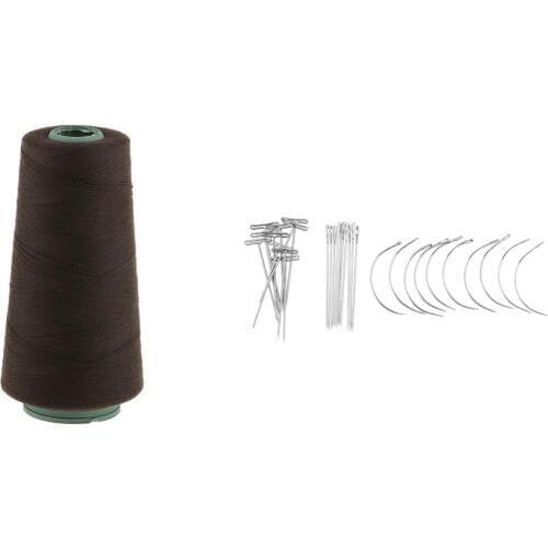 30 Pieces C+J+I Shaped Wig Needles Pins Dark Brown Thread for Wig Making Hair Extension Handcraft Sewing Weaving