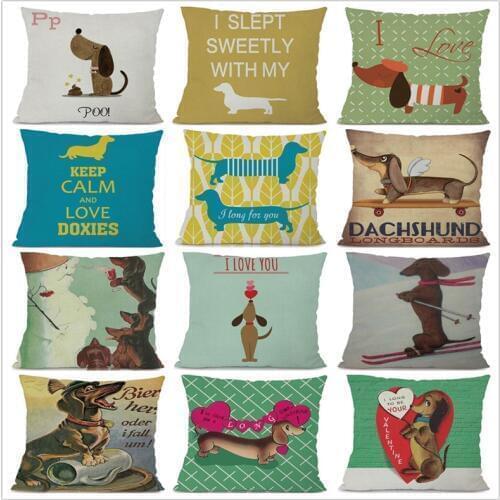 Cotton Linen Dachshund Dog Cushion Cover Cartoon Sausage Dogs Pillow Case For Home Office Chair Sofa Decoration