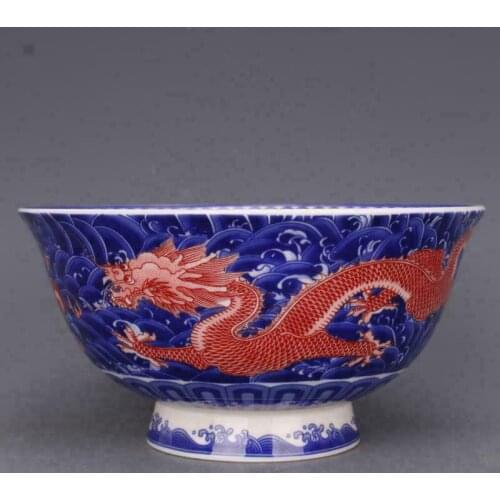 Chinese old porcelain Pastel blue and white porcelain bowl Panlong bowl