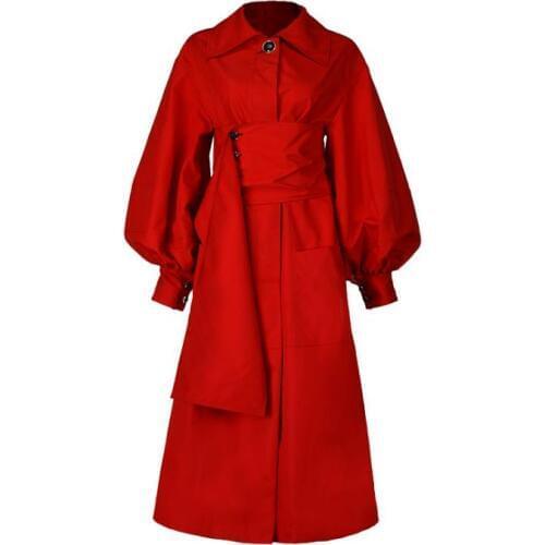 Red Trench Coats Lantern Sleeve women Belt Girdle Back Split Womens Windbreaker 2020 Autumn Fashion New