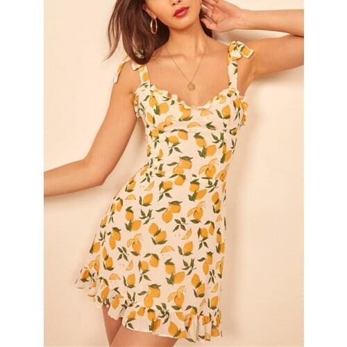 Lemon Floral Print Womens Mini Dress 2021 Spring Summer Lace-up Sling Pleated Slim Sleeve Ruffles Trim Dresses With Zipper