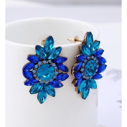 Fashion Jewelry Style Blue/Black/Red Earrings Handmade Rhinestone Sweet Stud Crystal Flower Earrings For Women Wedding Gift 2019