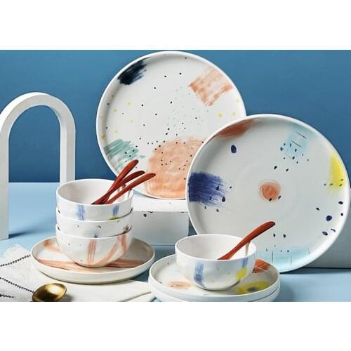 Bowl set creative hand-painted starry tableware Nordic personality ceramic western food dish large capacity flat rice bowl