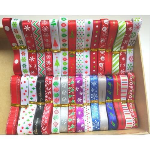 New Random set mixed 10/20 style 9MM merry Christmas printed satin ribbons ,1Y/style STSD0910-20