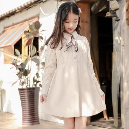 Girls Sweater Dress Spring New Boutique Solid Color Knitted Long Sleeve Party Tutu Dresses Kids Dress For Girl Children Clothes