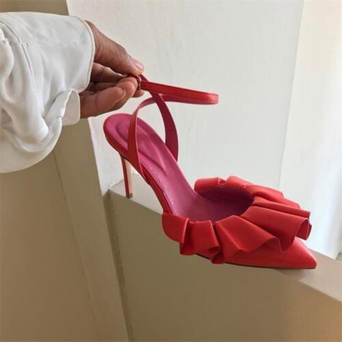 Sexy Red Ruffles Women Pumps Pointed Toe Pleated Ruffles Ankle Strap Thin Heel Shoe Women Slingback Pumps Buckle Strap Stilettos