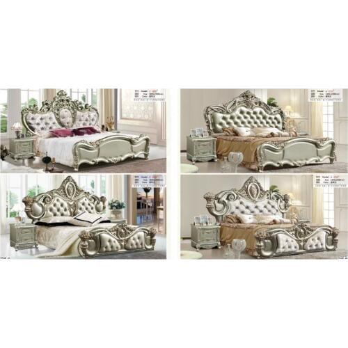 Modern european solid wood bed Fashion Carved leather french bedroom set furniture king size HC0011