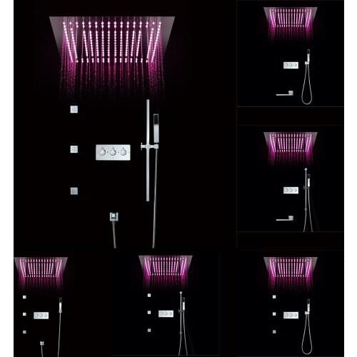 Ceiling Embedded LED Shower Head Set 64 Color With 16 Inch Square Two Function Shower Head 3 Body Jets And Hand Shower Set