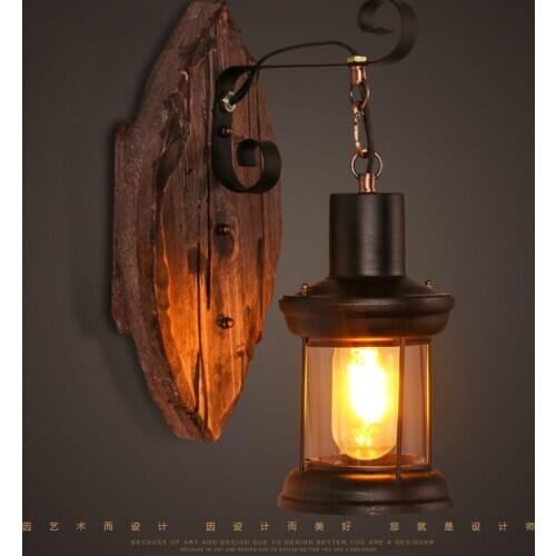 Vintage wood loft glass cover lantern american coffee nostalgic bedside wall lamp