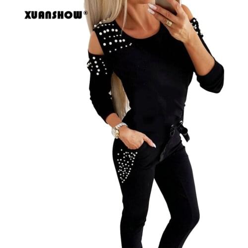 XUANSHOW Autumn 2 Piece Women Casual Tracksuit Clothing Outfit Long Sleeve Pearl Hollow Out Solid Lady Clothes Top and Pants Set