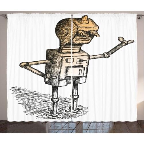 Retro Robot Curtains Funny and Vintage Machine Print Satin Fabric Drapes for Living Room Bedroom 2 Panel Window Set
