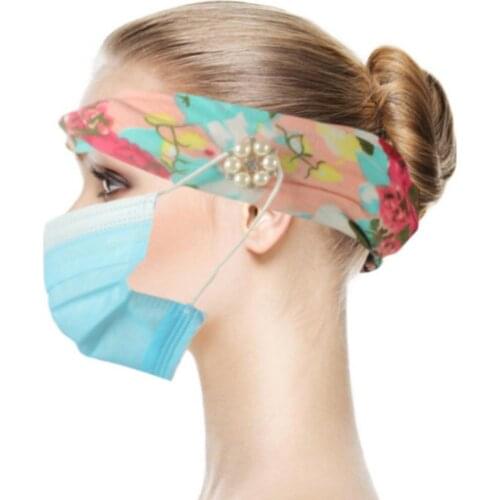 Yoga Hair Band Floral Print Women Absorbant Sweatband Faux Pearl Rhinestone Buttons Yoga Headband