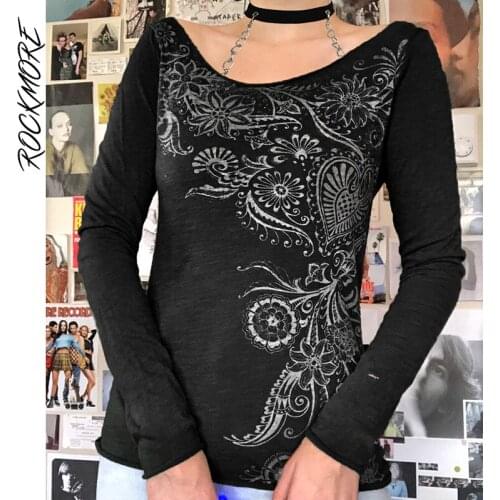 Rockmore Vintage Print Long Sleeve T-shirt Women Retro Aesthetic O-Neck Top Casual Graphic Tee Shirt Streetwear Grunge Fairycore
