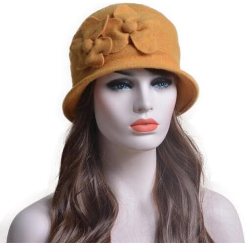 Lawliet Women Winter Hats Solid Flowers Warm Pure Wool Cap Ladies Women Fedoras Cloche Hats Ladies Bucket Church Hats A218