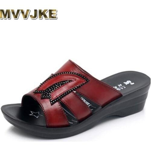 MVVJKEWomen Slippers 2020 Ladies Summer Slippers Shoes Women High Heels Fashion Rhinestone Genuine Leather Summer Shoes