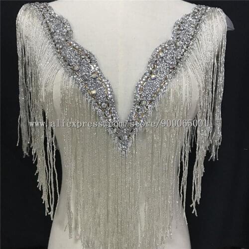 1 Set Silver new wedding embroidered crystal beaded tassels fringe collar appliques multicolor Deep-V neck flower for prom dress