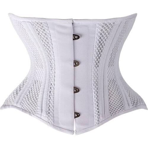 24 Double Steel Boned Lace Up Goth Steampunk Bustier Mesh Corset Short Torso Waist Taining Corsets White Black Plus Size XS-3XL