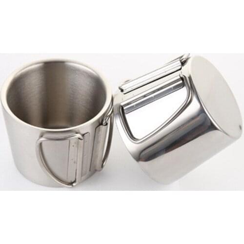 25pcs 2018 hot sale 350ml Portable Camping Cup Outdoor Folding Handle vacuum Cups Durable double Stainless Steel coffee beer Mug