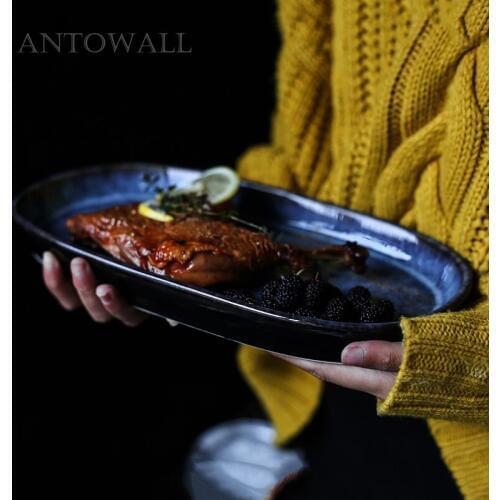 ANTOWALL Western Style Deep Blue Ceramic Dinner Dish Long Oval Fish Plate 12 inch 900g Big Fish Plate