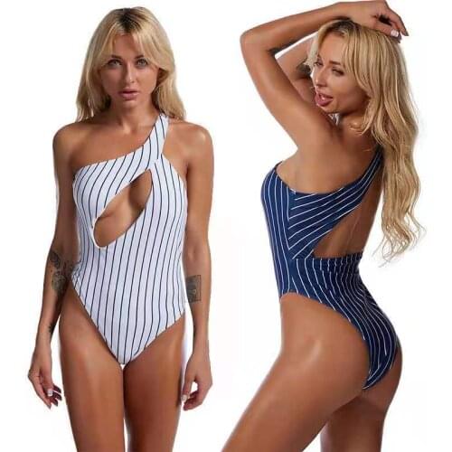 One Shoulder High Cut One-piece Swimsuit Women Beach Hollow Out Bathing Suit Female Swimwear 2021 New Girl Striped Swimsuits