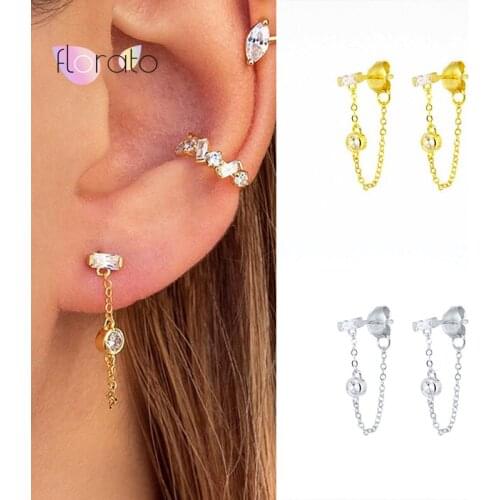 925 Sterling Silver Ear Needle Chain Link Stud Geometry Round Crystal Tassel Earrings for Women Party Jewelry Accessories