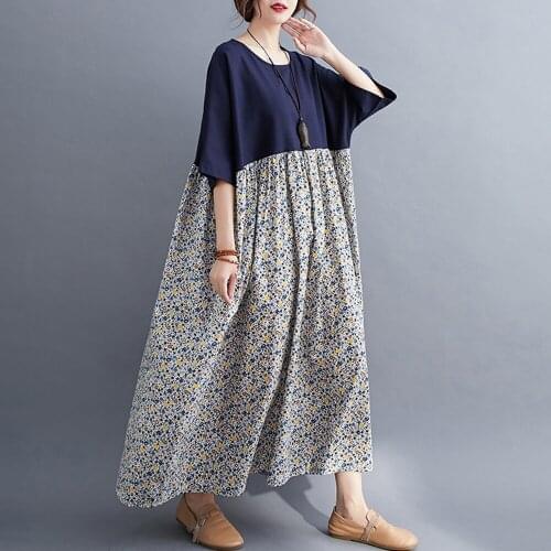 EaseHut Women Fashion Floral Printed Dresses Splicing Color Pockets O-Neck Loose Casual Robe Femme Female Summer Dresses vestido