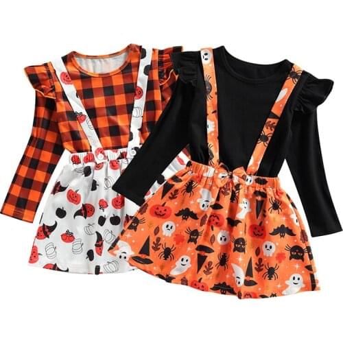 1-5Years 2Pieces Kids Suit Set Halloween Solid Color O-Neck Long Sleeve Tops Ghost Print Suspender Skirt Set for Toddler Girls
