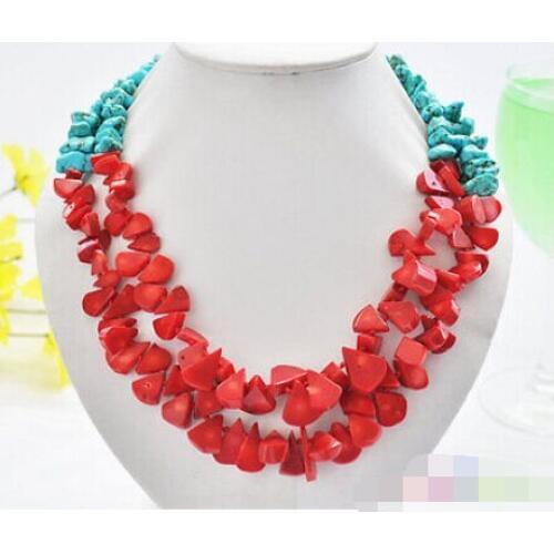 CB58 Beautiful 2row 20" red coral melon seeds blue Vogue necklace
