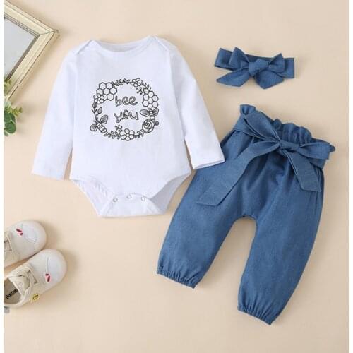 Hot Sell Cute Baby Girl Cotton Sets Long Sleeve Letter Garland Print Romper Tops+Solid Color Trousers+Headband Outfits New 2021