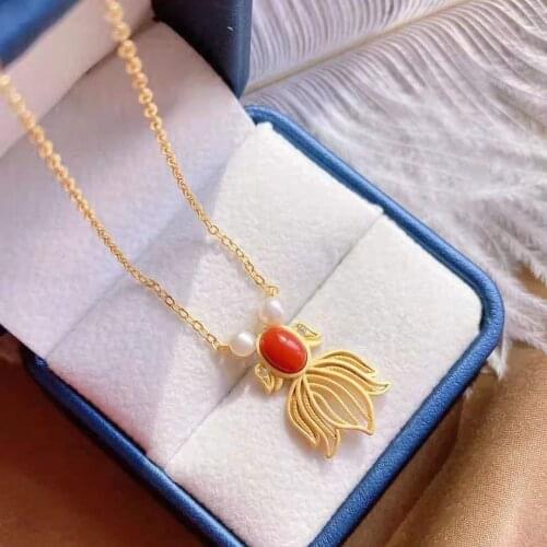 Natural Full-Meat South Red Fish Pendant Hongyun S925 Sterling Silver Gilding Inlaid with Natural Pearl Fish Eye for Women