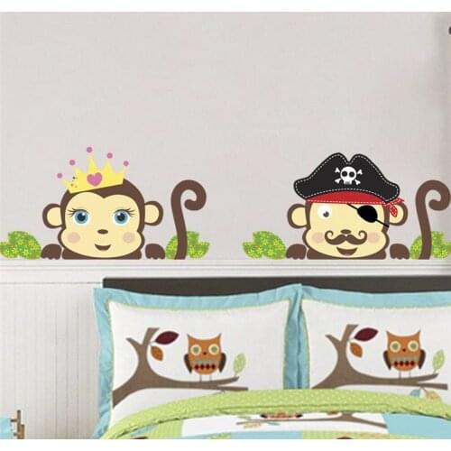 Lovely Monkeys Dress Up Pirate Wall Stickers For Kids Room Bedroom Home Decoration Diy Animals Wall Mural Art Pvc Decals