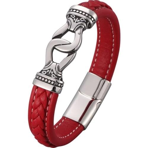 New Red Leather Charm Bracelets Bangles Men Jewelry Vintage Stainless Steel Magnetic Buckle Punk Rock Male Wristband Gift PD0817