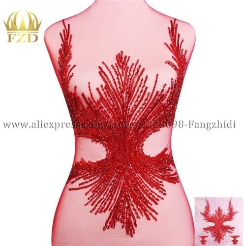 1 Piece Handmade crystal patches Red Beaded Applique Patches with Gauze for Wedding Dress and Evening Dress