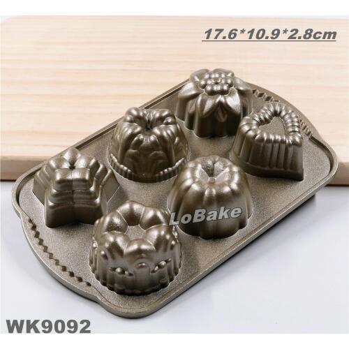 New 17.6*10.9*2.8cm golden carbon steel 6 cups mutishape nonstick cake pan cake mold tart pudding mould for DIY bakeware