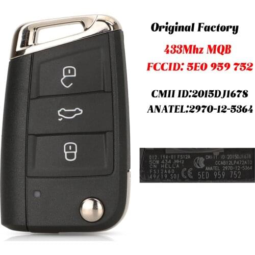 Jingyuqin Original Factory 3 Buttons Remote O-E-M Car Key For Skoda Octavia 2014-2017 FOB MQB 434Mhz 5E0959752 Key Hu66 Blade